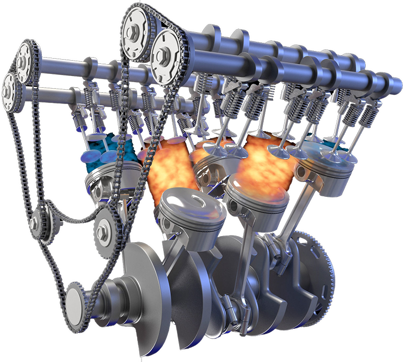 Engine mechanism with crankshaft, pistons, valves and camshafts, from the manufacturer automotive application page