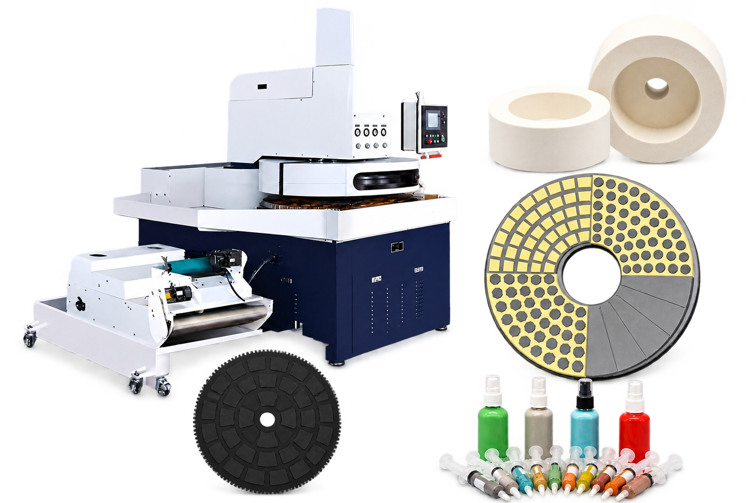 Double-disc grinding machine, grinding wheels, dressing wheels and polishing compounds